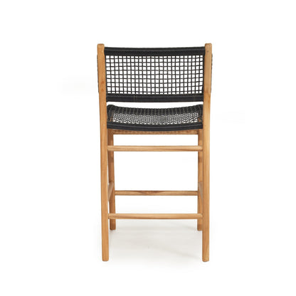 A wooden bar stool with a natural oak frame and a black woven rope seat and backrest, shown from the rear against a plain white background.