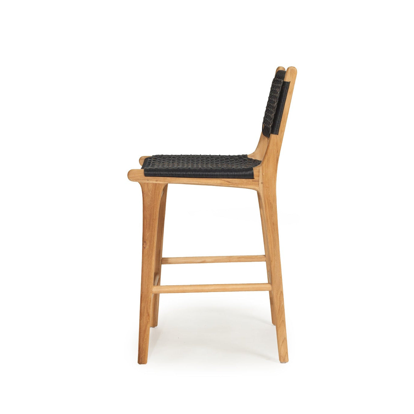A modern wooden bar stool with a natural oak frame and a black woven rope seat and backrest, shown from a side profile on a white background.