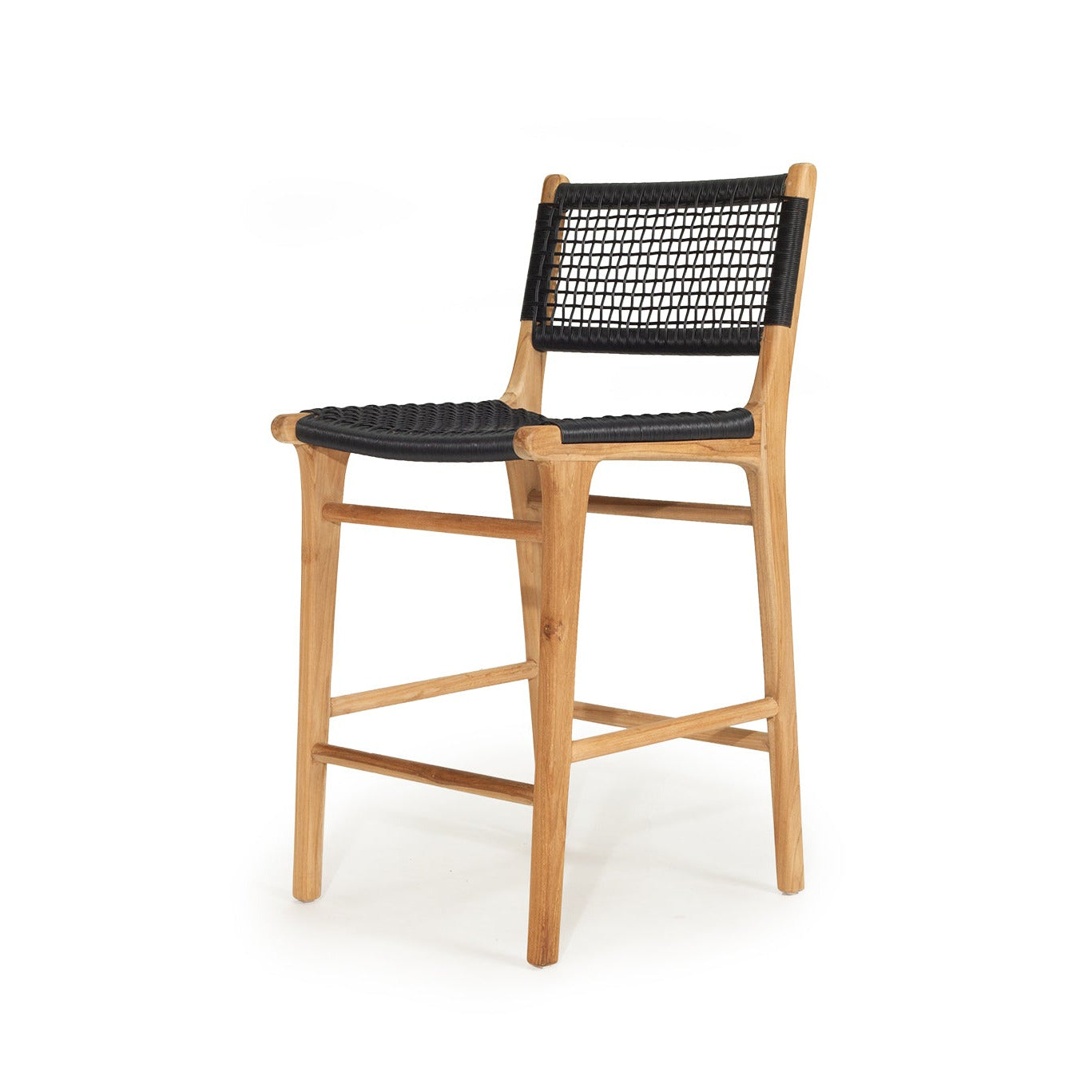 A modern wooden bar stool with a natural oak frame and black woven rope seat and backrest, shown on a plain white background.