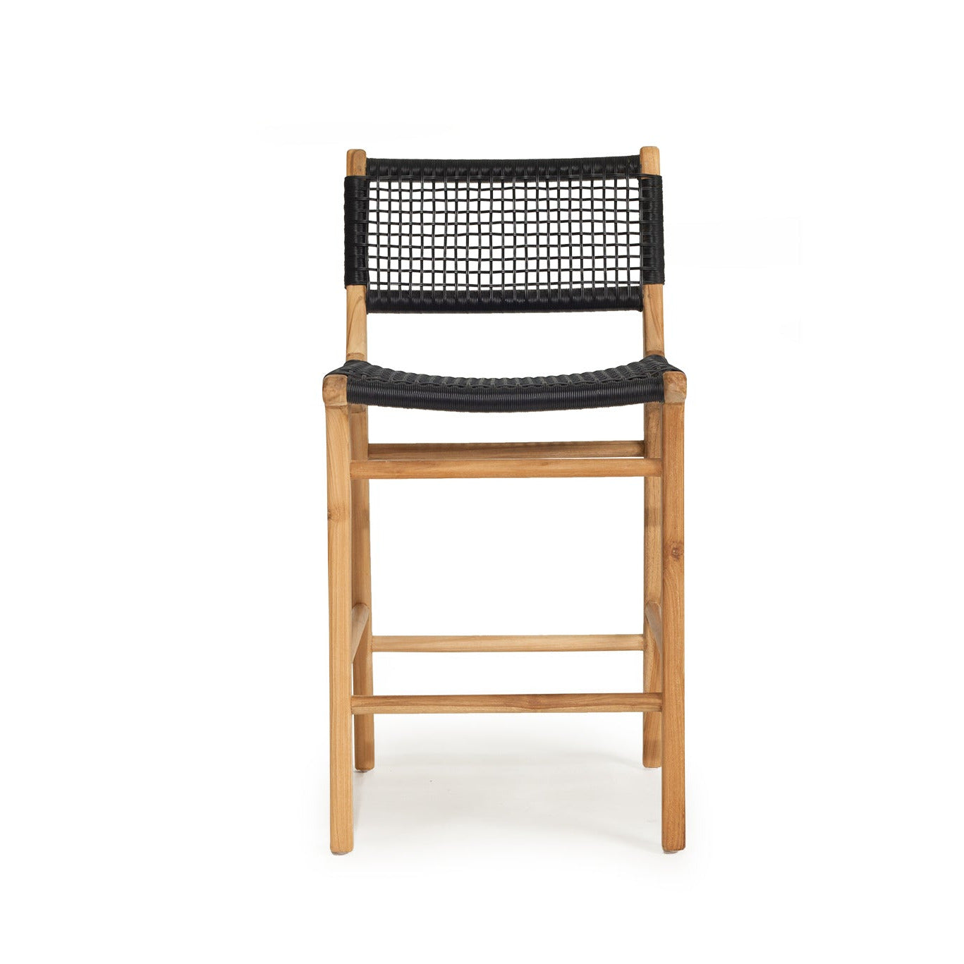 A wooden bar stool with a natural oak frame and a black woven rope backrest and seat, shown against a plain white background.