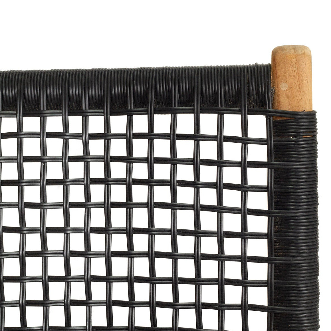 A close-up of a black woven mesh or rope panel with a light natural wood end post, shown against a plain white background.