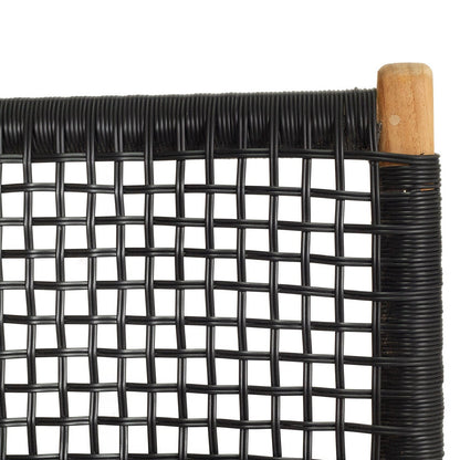 A close-up of a black woven mesh or rope panel with a light natural wood end post, shown against a plain white background.