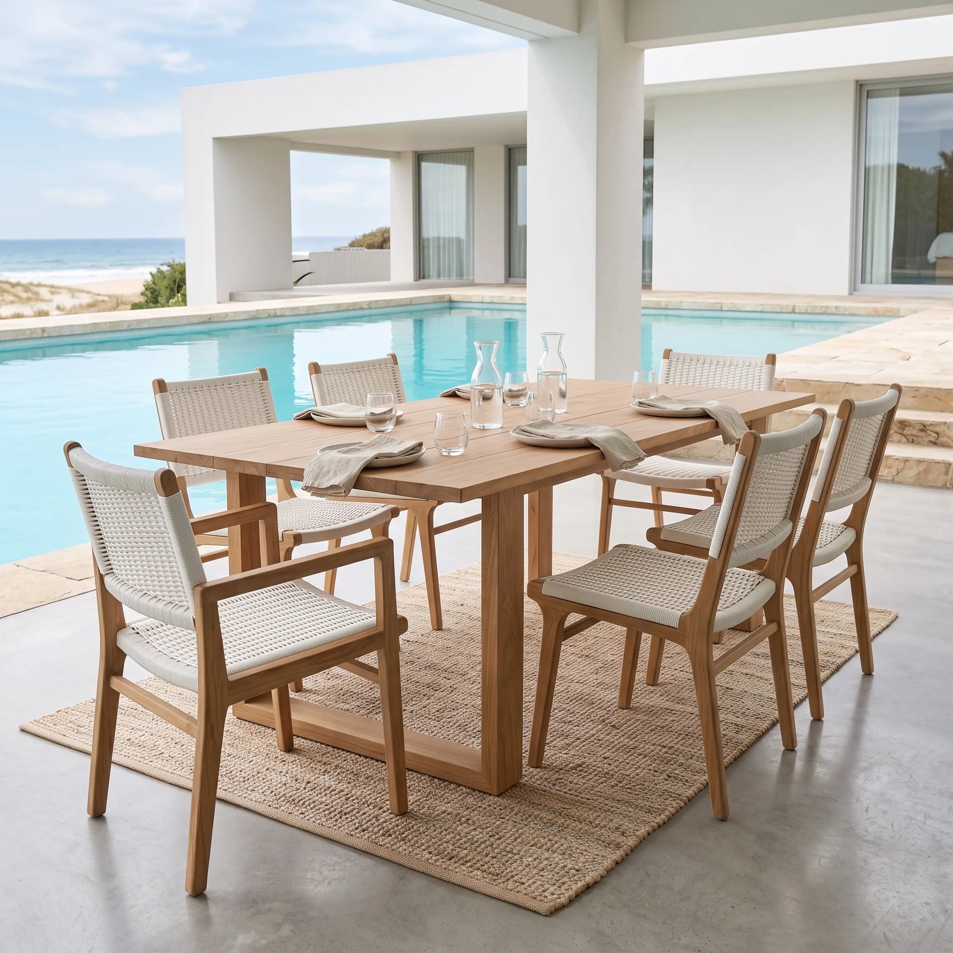 A 6-piece outdoor dining set featuring a rectangular light oak wood table and four matching woven-back chairs, styled on a jute rug next to a swimming pool with a modern house and beach in the background.