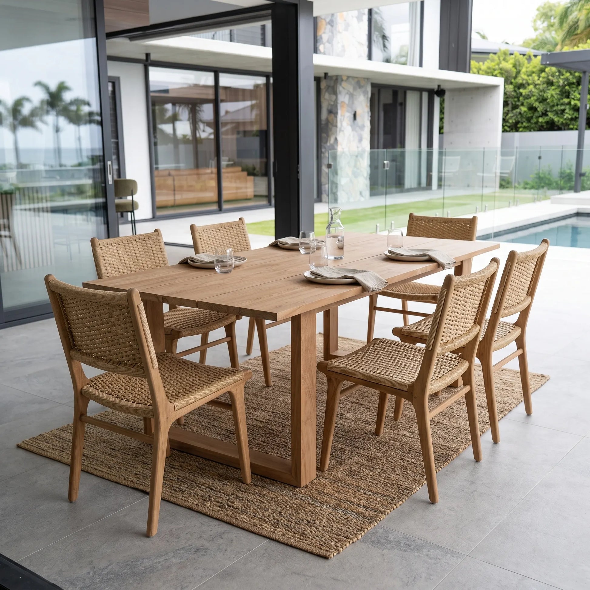 A wooden dining table set with six woven-back chairs on a natural jute rug, placed on a tiled patio in front of a modern house with a pool and glass walls.