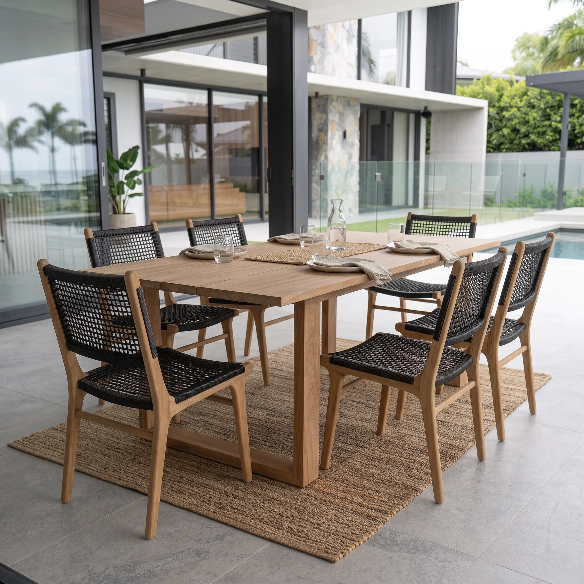 A 7-piece outdoor dining set featuring a rectangular light oak wood table and six matching chairs with black woven seats and backs, styled on a natural jute rug in a modern patio setting.