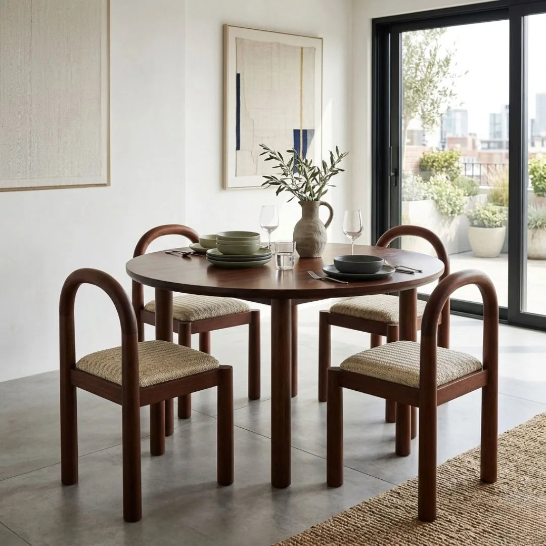 Dining room with a round wooden table and four Desa dining chairs in a well-lit room.