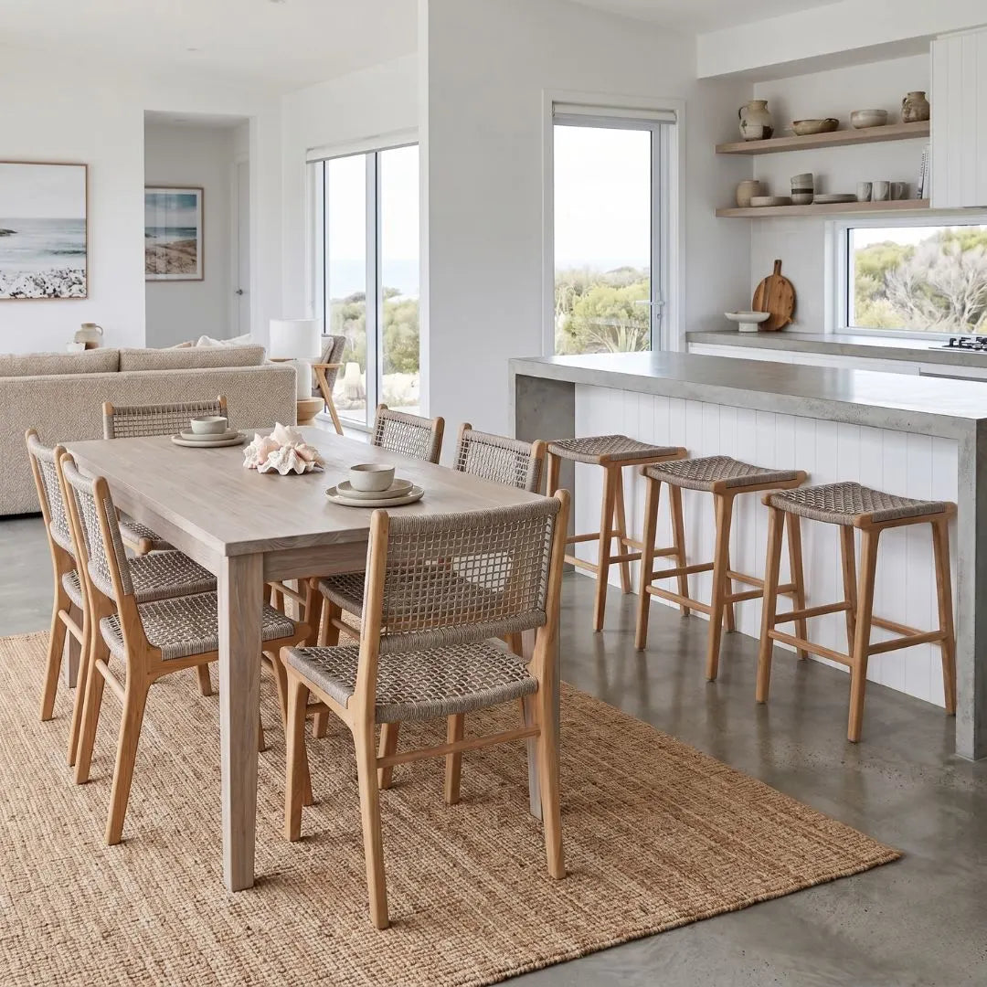 Modern kitchen and dining area with wooden furniture and large windows.