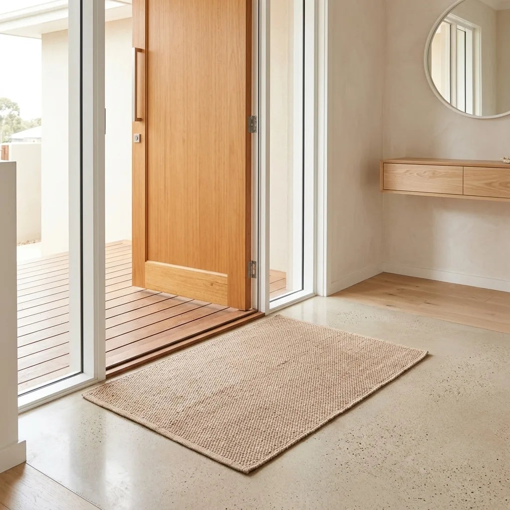 A rectangular natural jute entryway rug placed on a light concrete floor in front of open glass doors leading to a wooden deck, shown in a modern minimalist interior.