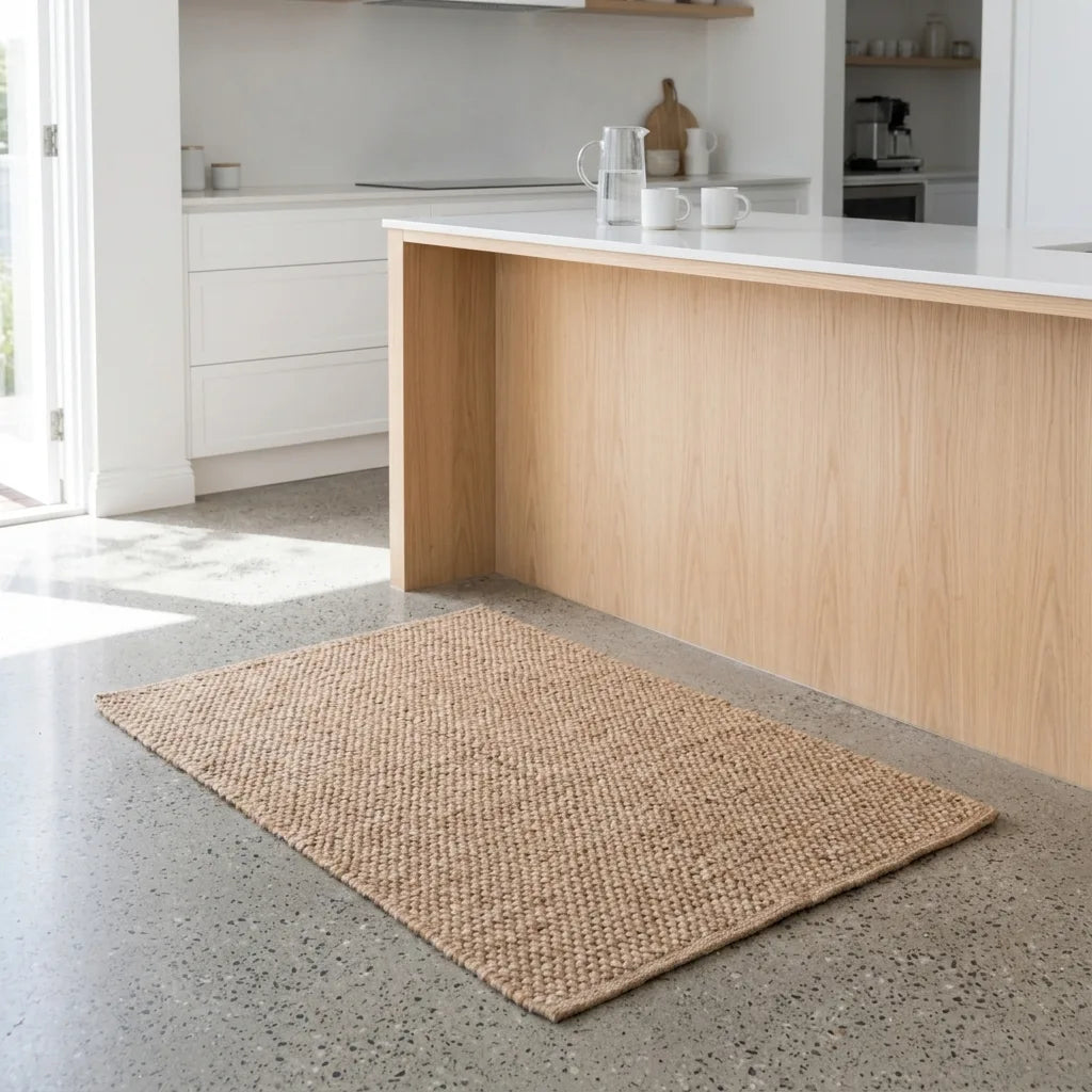 A rectangular woven jute rug in a natural tan color, placed on a speckled gray concrete kitchen floor in front of a light wood island.