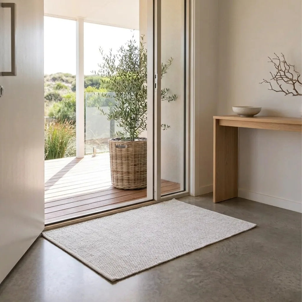 A rectangular woven entryway rug in a light beige tone, positioned on a polished concrete floor in front of open glass doors leading to a wooden deck and potted plant, with a light wood console table on the right.