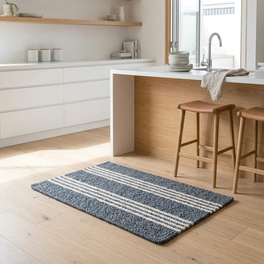 A rectangular area rug with blue-gray and off-white stripes lies on a light wood floor in a bright, modern kitchen. White cabinets, a wooden island, and two wooden bar stools are visible in the background.