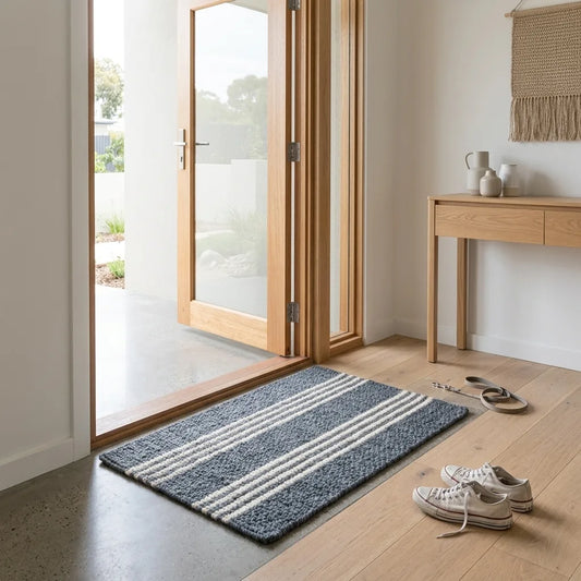 A rectangular entryway mat with horizontal cream and gray stripes lies on a light wood floor in front of an open glass door. A wooden console table, woven wall hanging, and a pair of white sneakers are visible in the room.