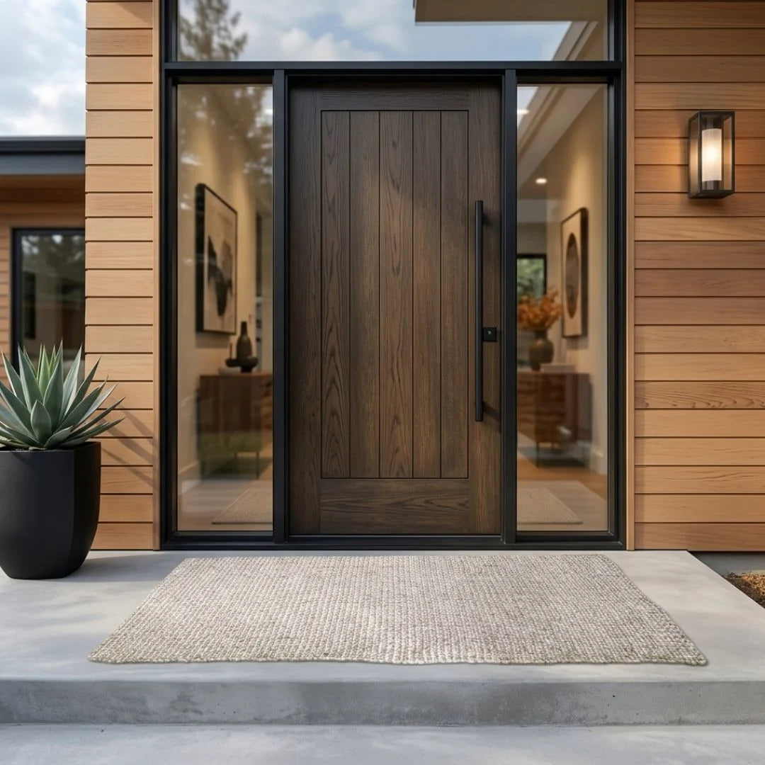 Modern house entrance with a wooden door and glass panels