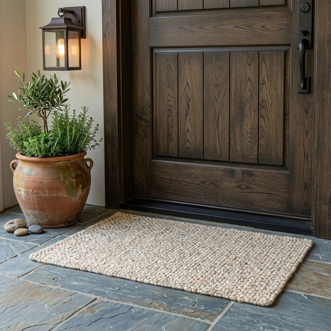 Wooden front door with a doormat, potted plant, and wall sconce on a stone patio.