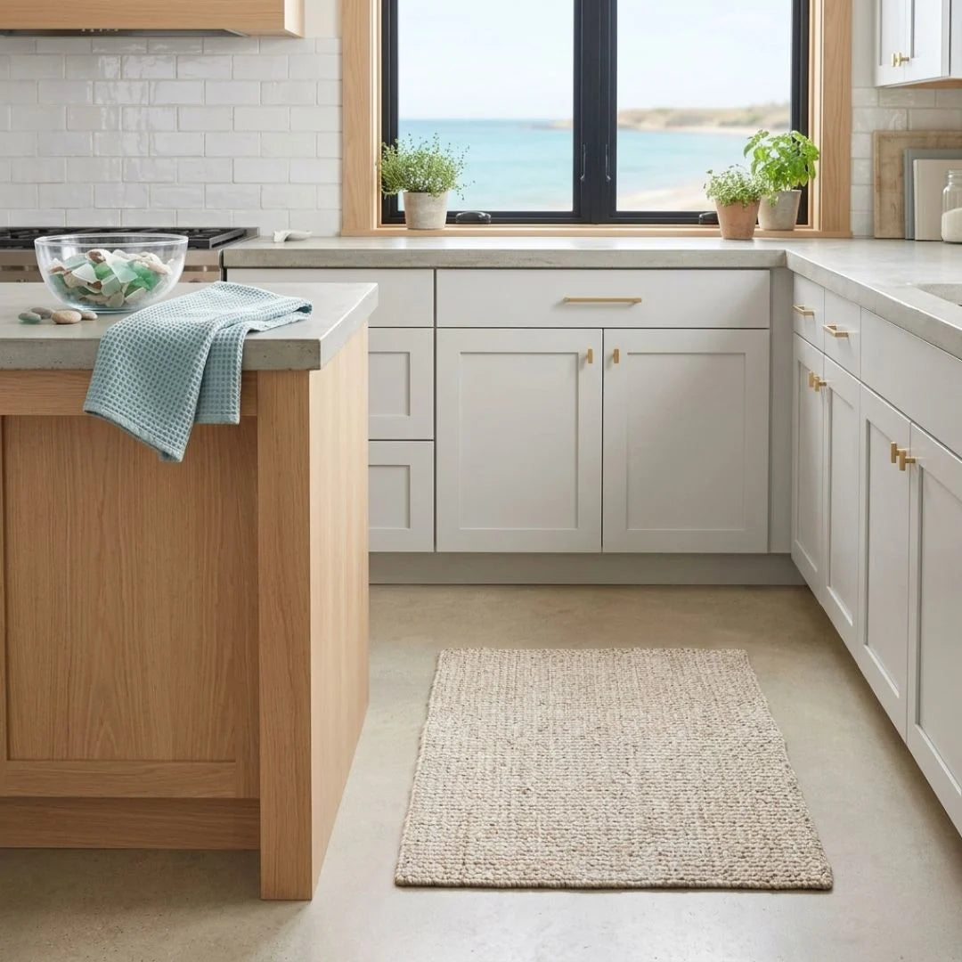 Modern kitchen with wooden island and white cabinets, featuring a rug on the floor.