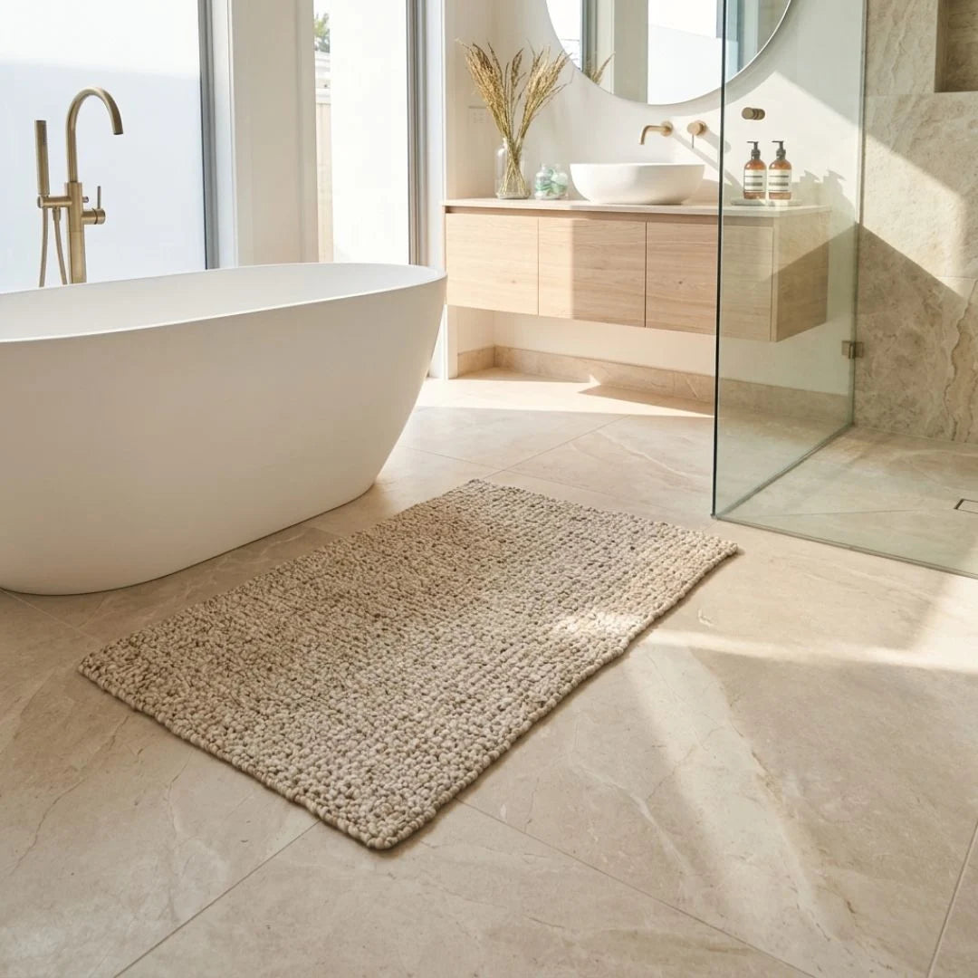 Modern bathroom with a freestanding bathtub, rug, and vanity area.