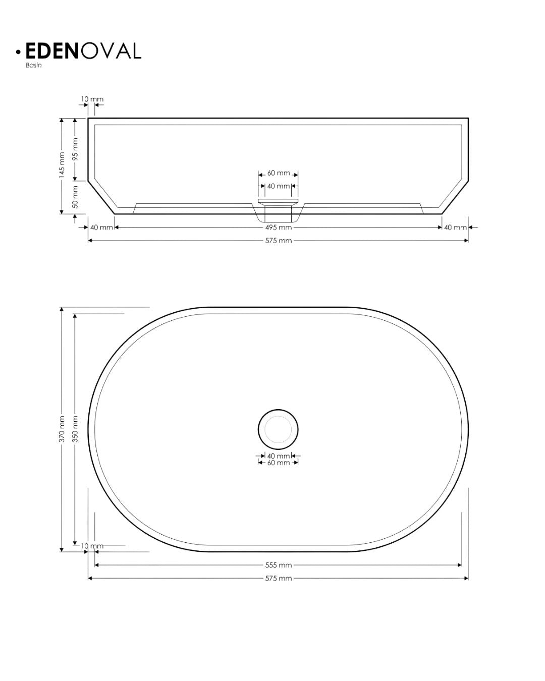 Technical drawing of an oval sink with dimensions labeled, featuring the brand 'Eden Oval'.