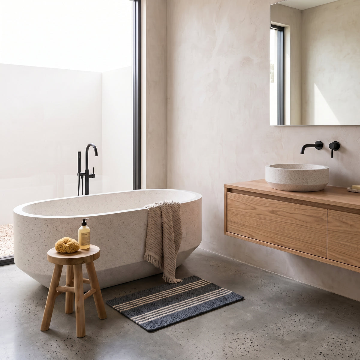 A modern bathroom interior featuring a freestanding oval bathtub, a floating wooden vanity with a white vessel sink, a small wooden stool, and a striped bath mat on a concrete floor.