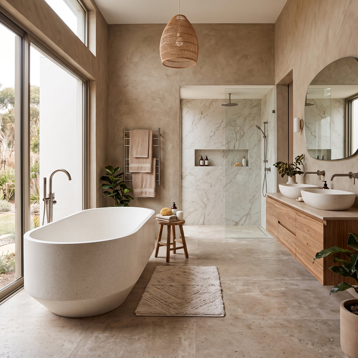 A modern bathroom interior with a freestanding oval bathtub in the foreground, a glass shower enclosure, double sinks on a wood vanity, and large windows with outdoor greenery visible.