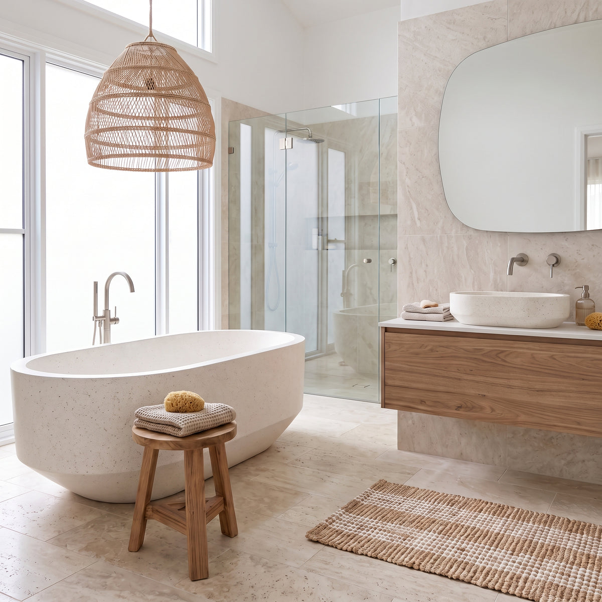 A modern bathroom scene featuring a freestanding oval bathtub, a floating wooden vanity with a white vessel sink, a large round mirror, a woven pendant light, and a glass shower enclosure.
