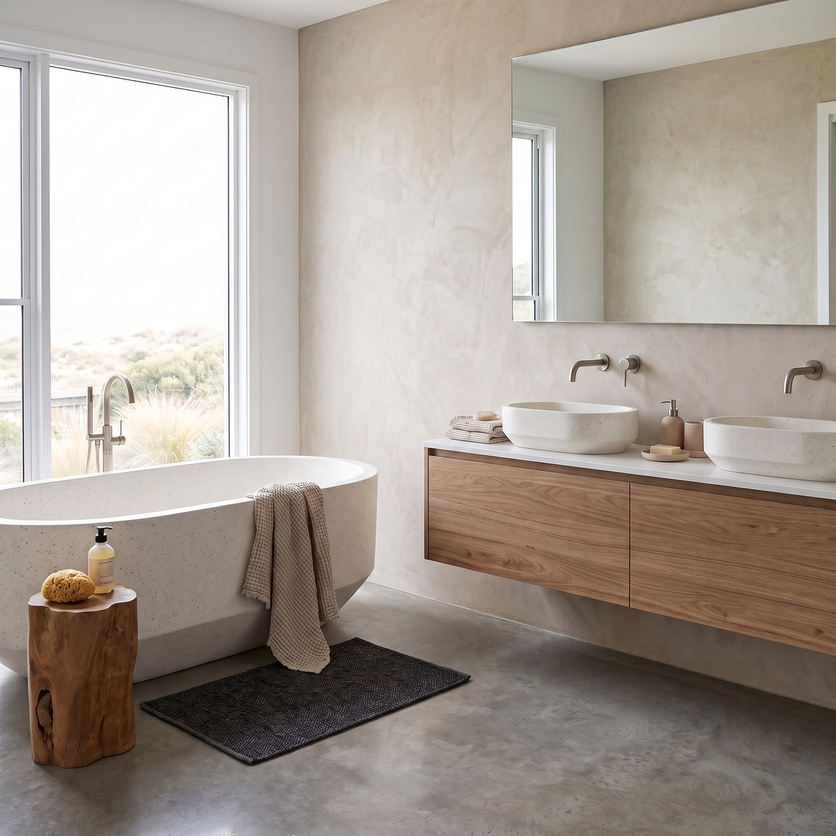 A modern bathroom interior with a freestanding oval bathtub, double vessel sinks on a floating wood vanity, large mirror, concrete floor, and a window overlooking an outdoor landscape.
