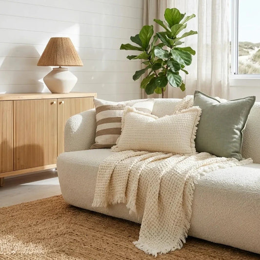 Cozy living room with a beige sofa, lamp, and plant