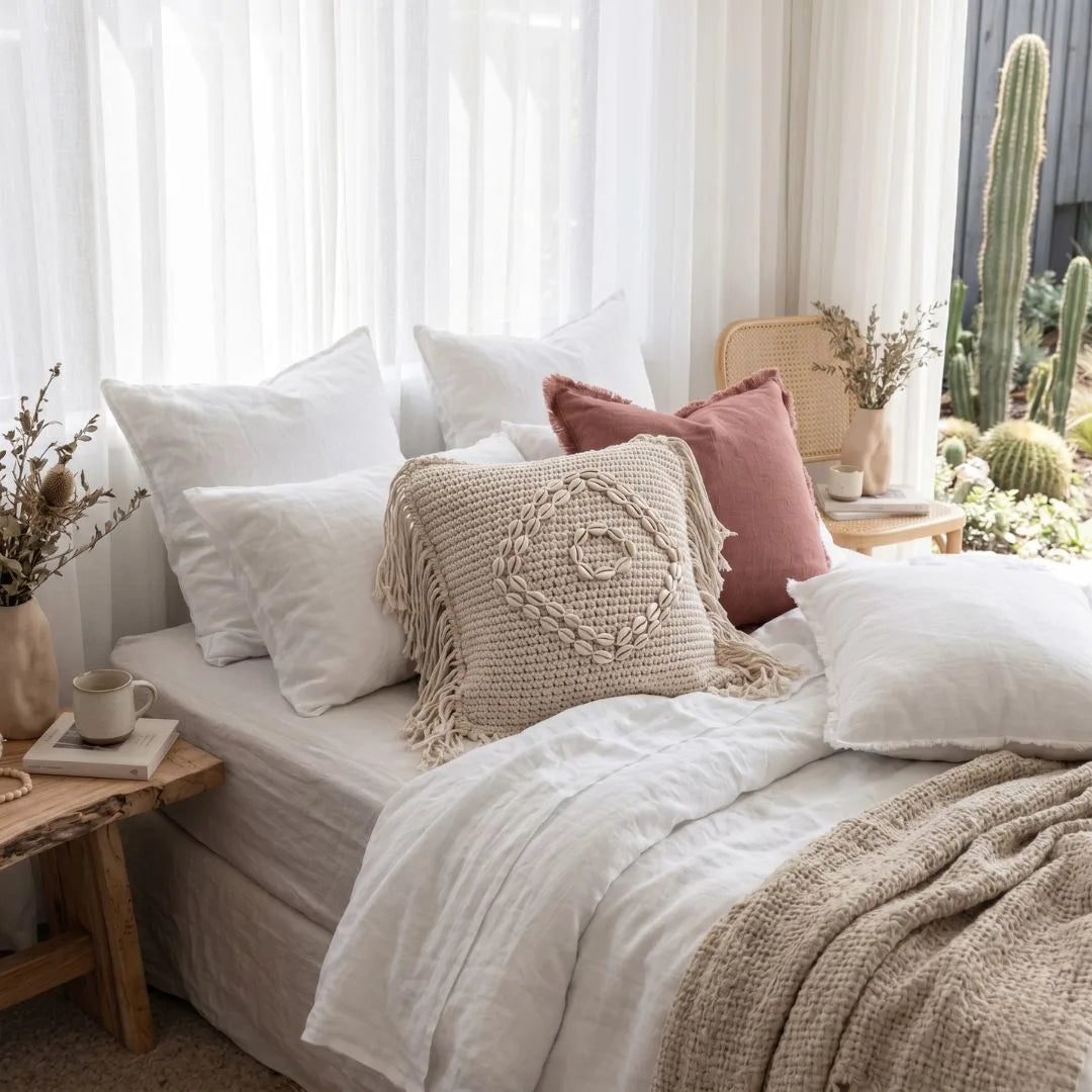Cozy bedroom with a bed adorned with pillows and blankets, next to a window with white curtains and a cactus plant.