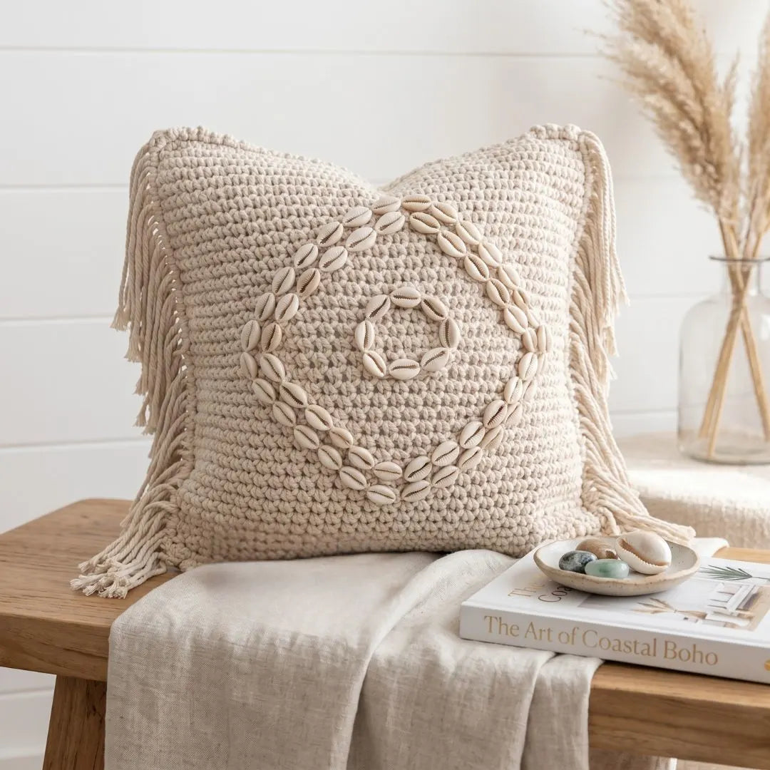 Beige woven pillow with fringe on a wooden bench with a book and decorative items.