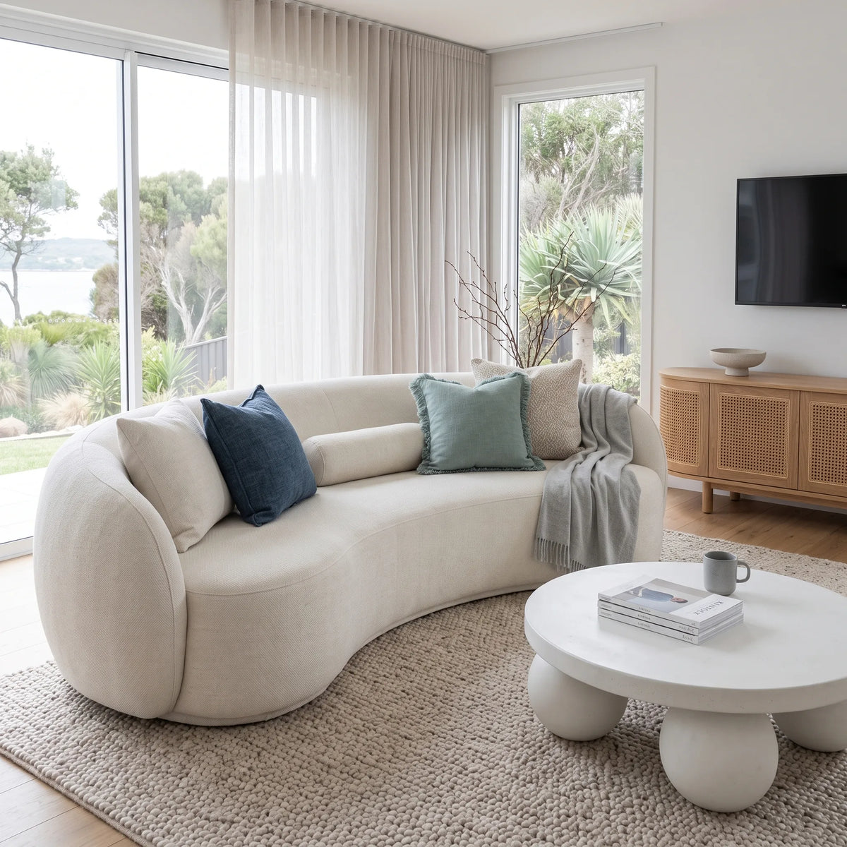 A curved cream fabric sofa in a bright, modern living room with neutral-toned decor, including blue and sage green throw pillows, a round white coffee table, and large windows overlooking greenery.
