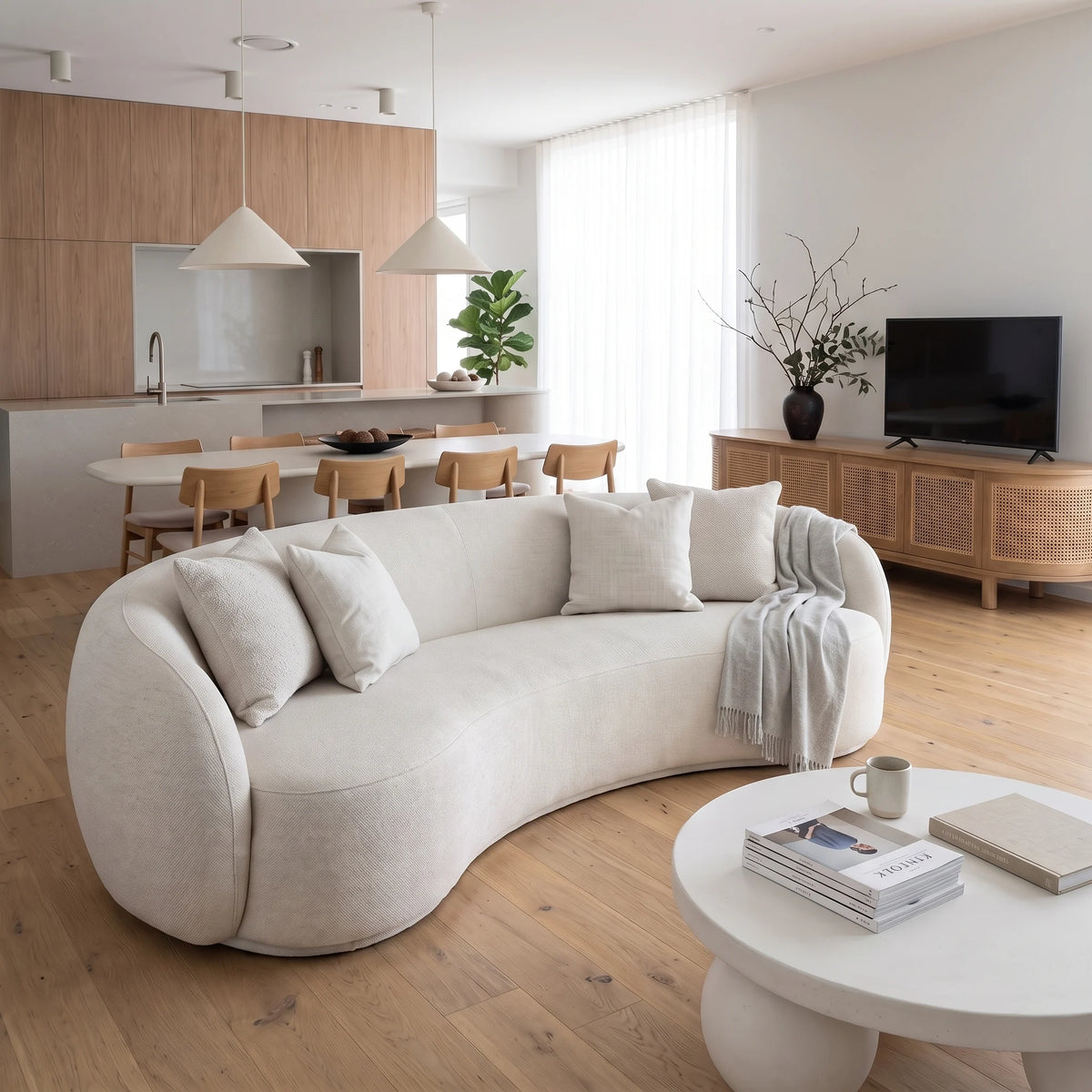 A modern curved upholstered sofa in a bright, minimalist living room with light wood flooring, a round coffee table, and a television on a wooden cabinet in the background.