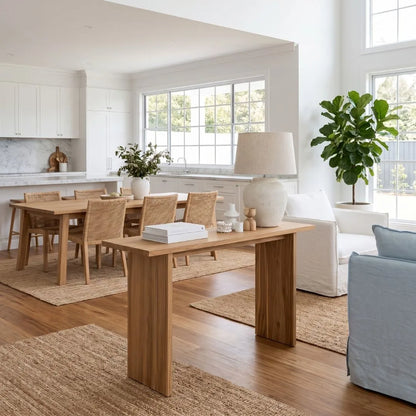 Modern kitchen and dining area with wooden table and chairs, white cabinets, and a plant.