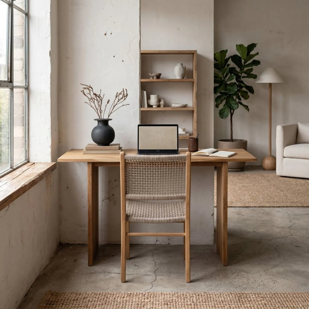 Wooden desk with chair in a room with shelves, plant, and window.