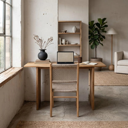 Wooden desk with chair in a room with shelves, plant, and window.