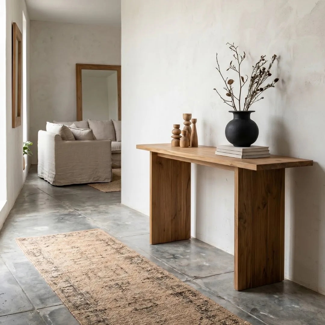 Modern interior with a wooden console table, vase with dried plants, and sofa in a well-lit room.