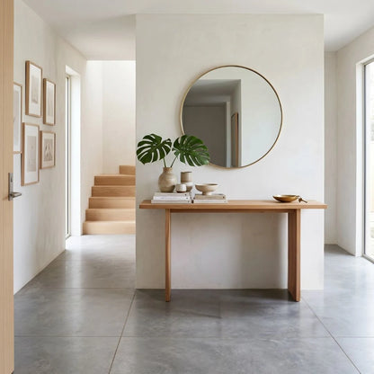 Modern interior with a wooden console table, round mirror, and decorative items.