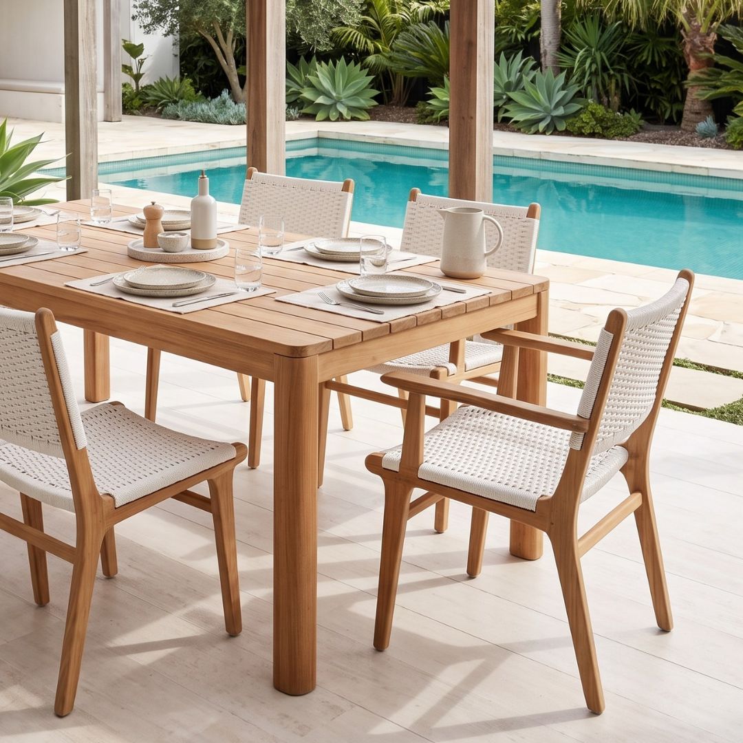 Dining table set with chairs by a poolside