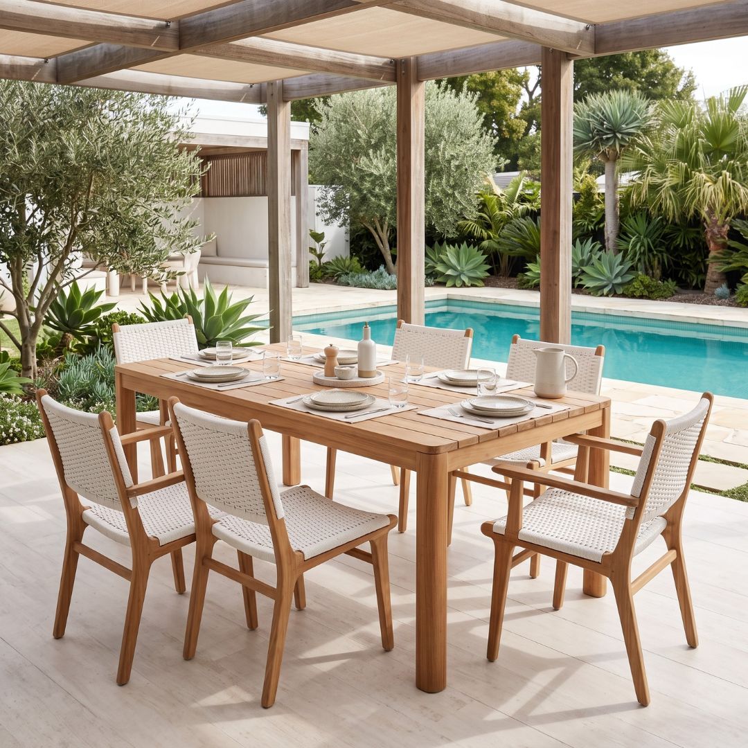 Outdoor dining setup with a wooden table and chairs by a poolside.