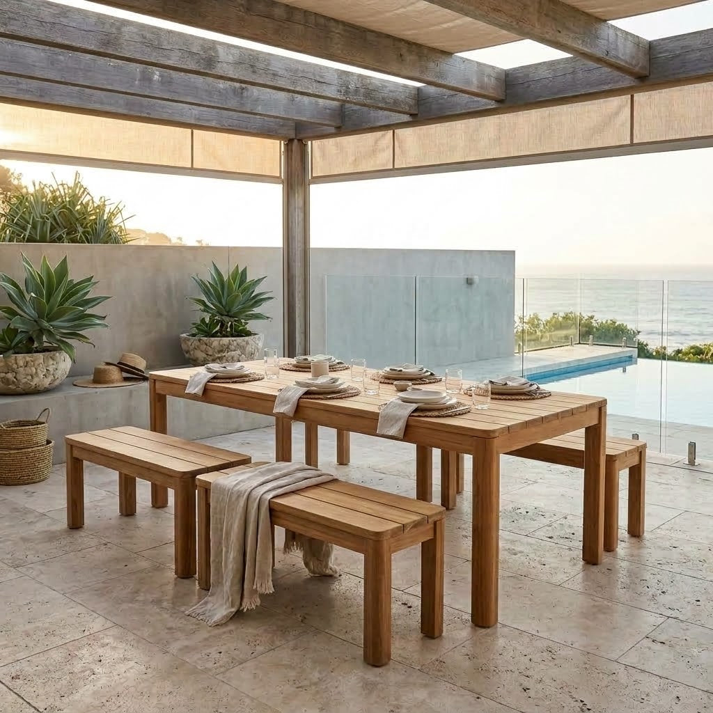 A wooden dining table with matching benches set on a stone patio under a covered pergola, with an ocean and pool visible in the background. The table and benches are in a natural light wood finish, and the dining set is styled with plates, napkins, and a draped throw blanket.
