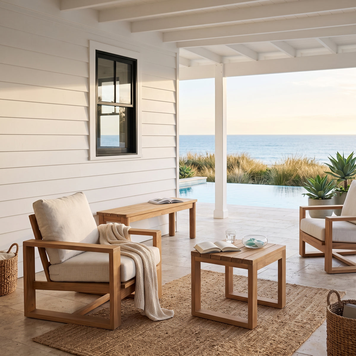 Outdoor patio furniture set on a covered porch with ocean view, including wooden armchairs with cream cushions, a matching coffee table, a bench, and woven rugs.