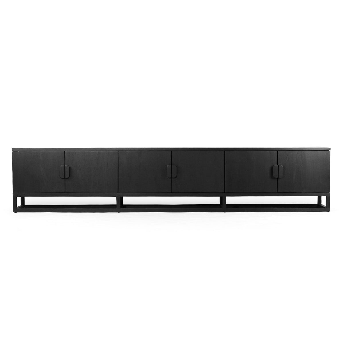 A long, low black wooden credenza or sideboard with four cabinet doors and slim vertical handles, shown against a plain white background.