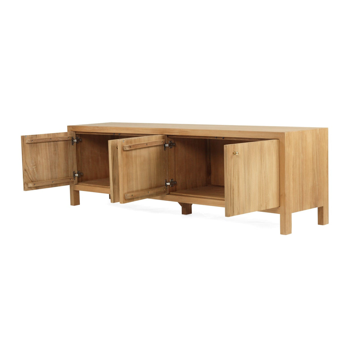 A light teak wood media console with three doors, two of which are open to show the interior shelving, photographed on a solid white background.