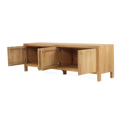 A light teak wood media console with three doors, two of which are open to show the interior shelving, photographed on a solid white background.