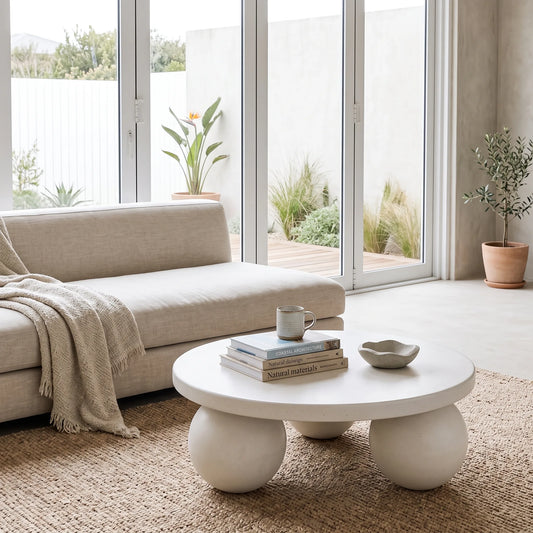 A round white coffee table with chunky spherical legs sits in a bright, modern living room next to a light beige sofa. The table is styled with a stack of books, a small ceramic mug, and a shallow dish.