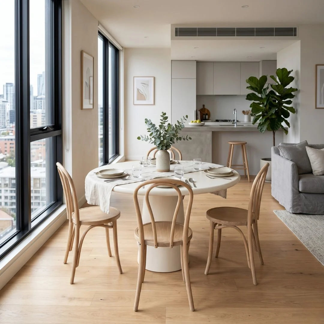 Modern kitchen and dining area with large windows, wooden chairs, and a round table.