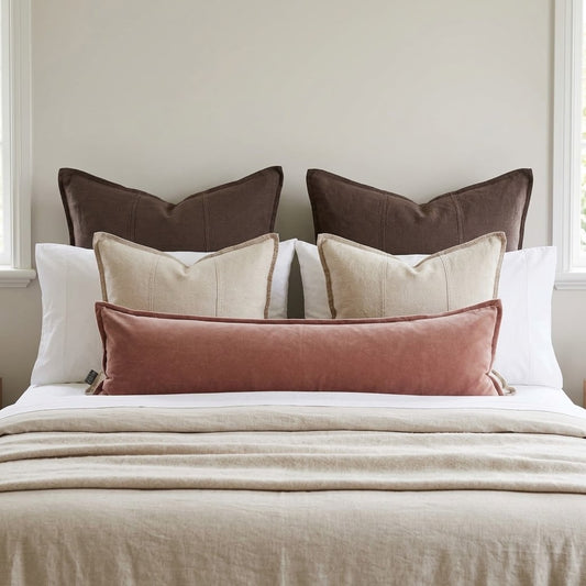 A styled bed with layered bedding and decorative pillows, including a dusty rose velvet lumbar pillow, cream and taupe accent pillows, and two dark brown pillows, set against a neutral beige wall.