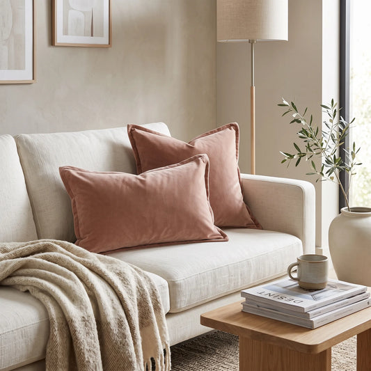 Two dusty rose velvet throw pillows on a light beige sofa in a styled living room setting with a cream throw blanket, wooden side table, and a window.