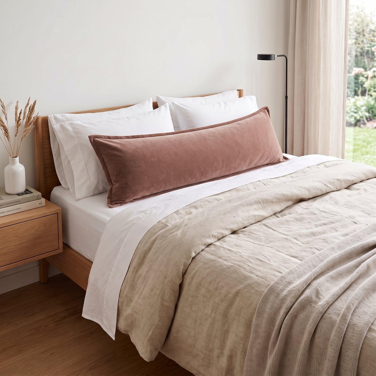 A bedroom scene showing a bed styled with white pillows, a dusty rose velvet lumbar pillow, a beige linen duvet, and a wooden bed frame. A window with sheer curtains and a black floor lamp are visible in the background.