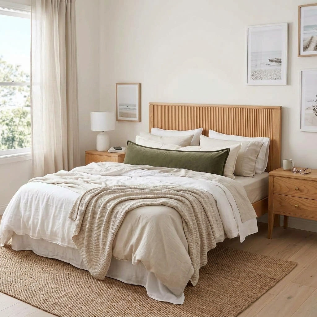 A neatly made bed in a bright, neutral-toned bedroom, featuring a light wood slatted headboard, beige and off-white bedding, a green accent pillow, matching nightstands, and a woven rug.