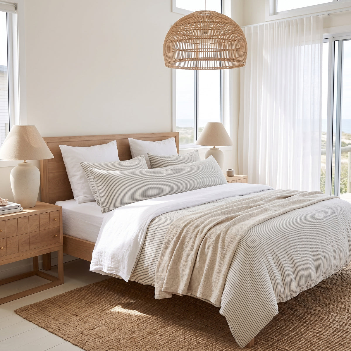 A neatly made bed in a bright, modern bedroom featuring a light wood headboard and footboard, white bedding, textured cream duvet, striped pillows, matching bedside tables, table lamps, a woven pendant light, and a large window with sheer curtains.