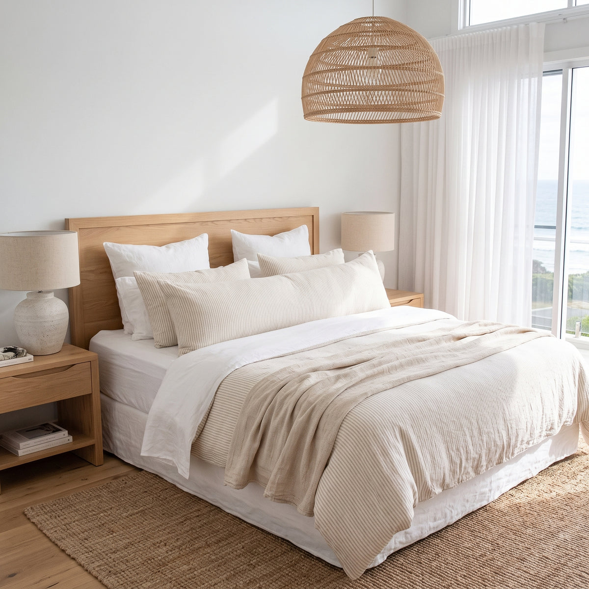 A neatly made bed in a bright, modern bedroom featuring a light wood headboard, white bedding, and textured beige throw and duvet. The room is styled with a woven rattan pendant light, matching bedside tables, and a large window with sheer curtains.